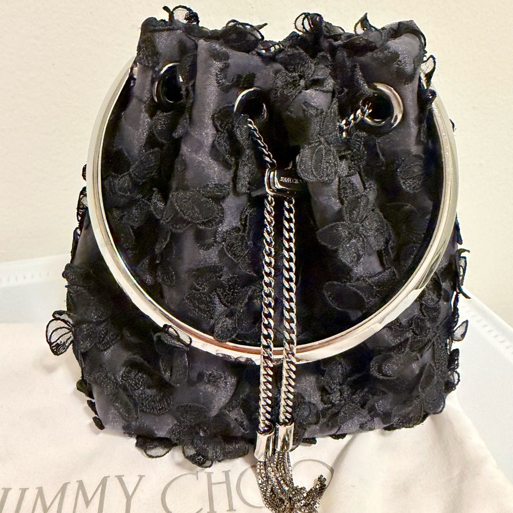 Jimmy Choo Black Textured Floral Drawstring Mini Bag with Silver Chain - Picture 5 of 5